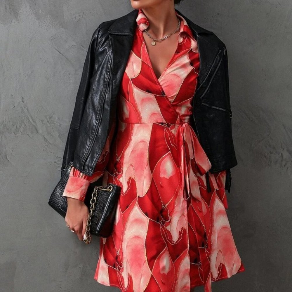 Allover Print Knot Side Wrap Long sleeve Dress red - Picture 3 of 7